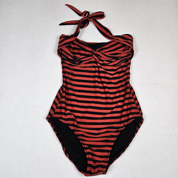 Pin-Up Halter Swimsuit Women One Piece High Back Stripe Full Coverage Nautical L - Picture 4 of 15